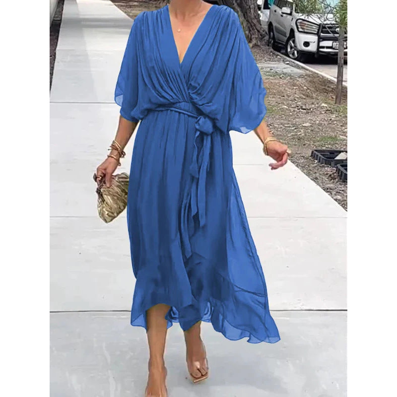 Women's Bat Sleeve V-Neck Chiffon Maxi Dress | High Waist Irregular Hem