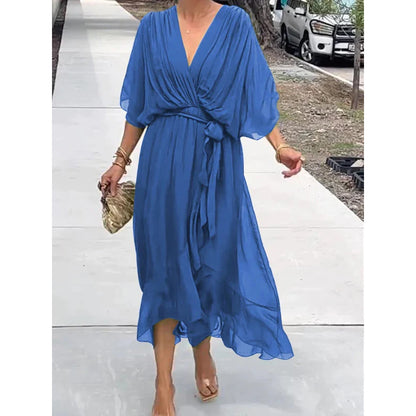 Women's Bat Sleeve V-Neck Chiffon Maxi Dress | High Waist Irregular Hem