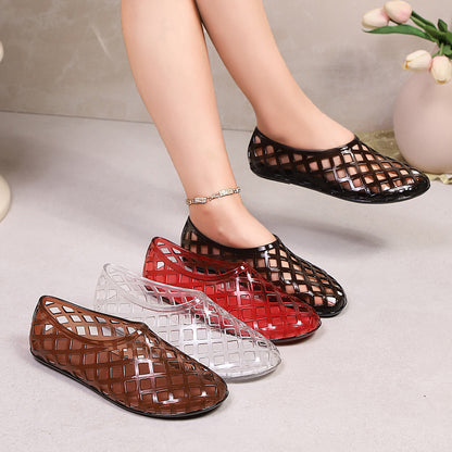 Women's Woven PVC Jelly Flats | Square Toe Summer Slip-On Shoes