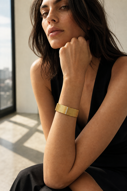 Model wearing adjustable gold cuff bracelet lifestyle photo