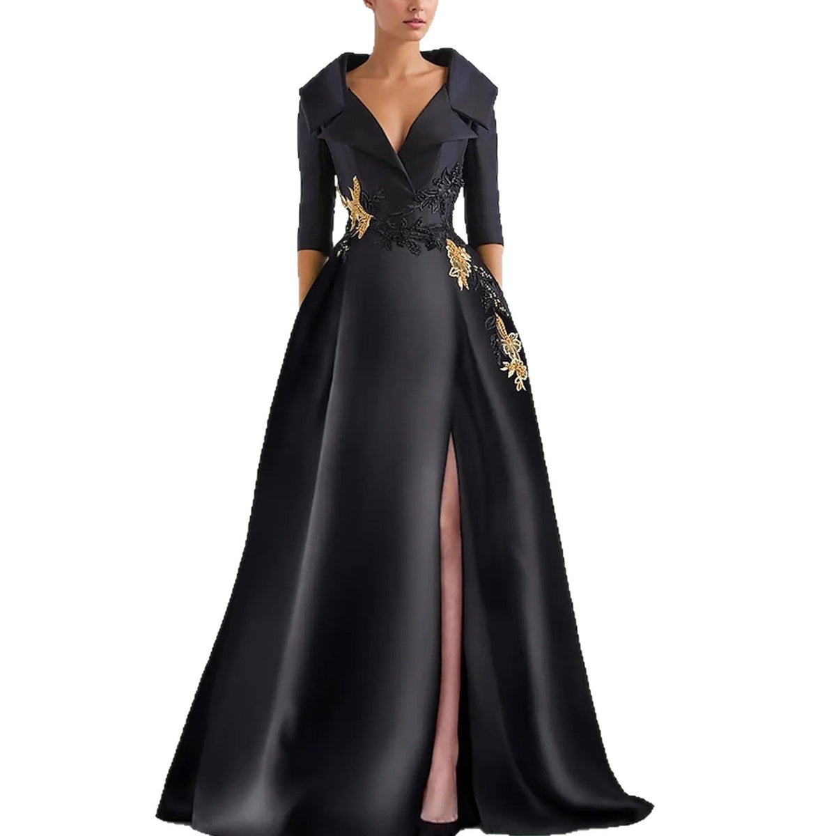 Women's V-Neck Long Sleeve High Slit Evening Gown | A-Line Formal Maxi Dress