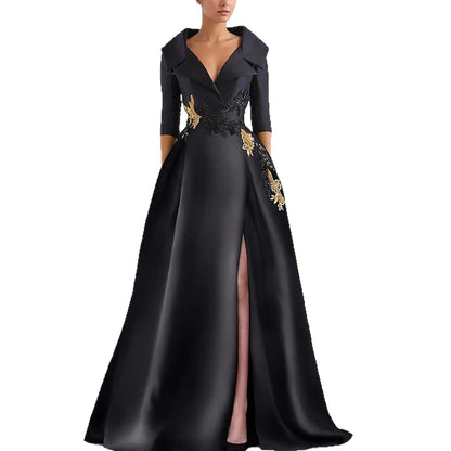 Women's V-Neck Long Sleeve High Slit Evening Gown | A-Line Formal Maxi Dress
