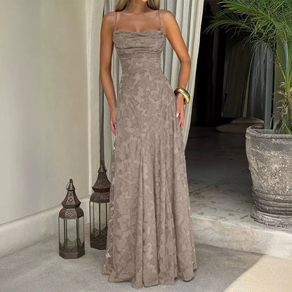 Women's Lace A-Line Evening Gown | Backless Spaghetti Strap Formal Maxi Dress