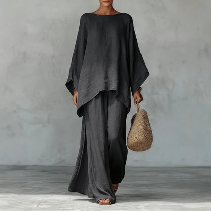 Women's Cotton Linen Wide Leg Pants & Top Set | Casual Resort Suit