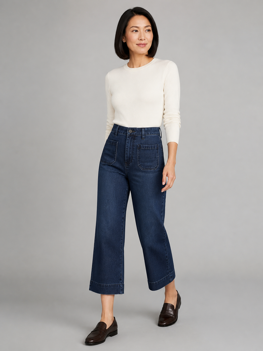Women’s High-Rise Cropped Straight-Leg Jeans in Dark Blue — studio front