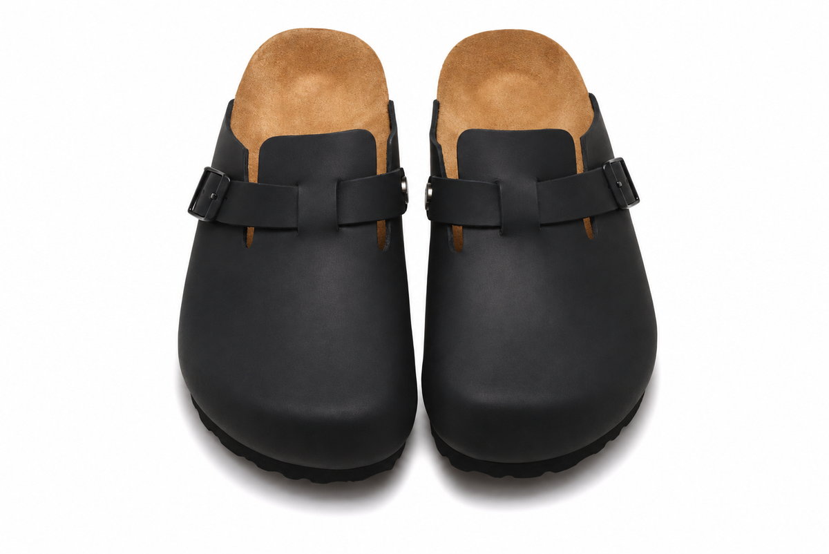 AuraX Slipper Shoes — Bao Tou Black Satin Leather Yellow studio product image