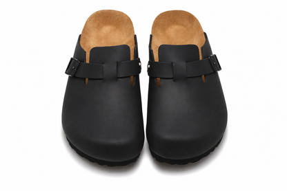AuraX Slipper Shoes — Bao Tou Black Satin Leather Yellow studio product image