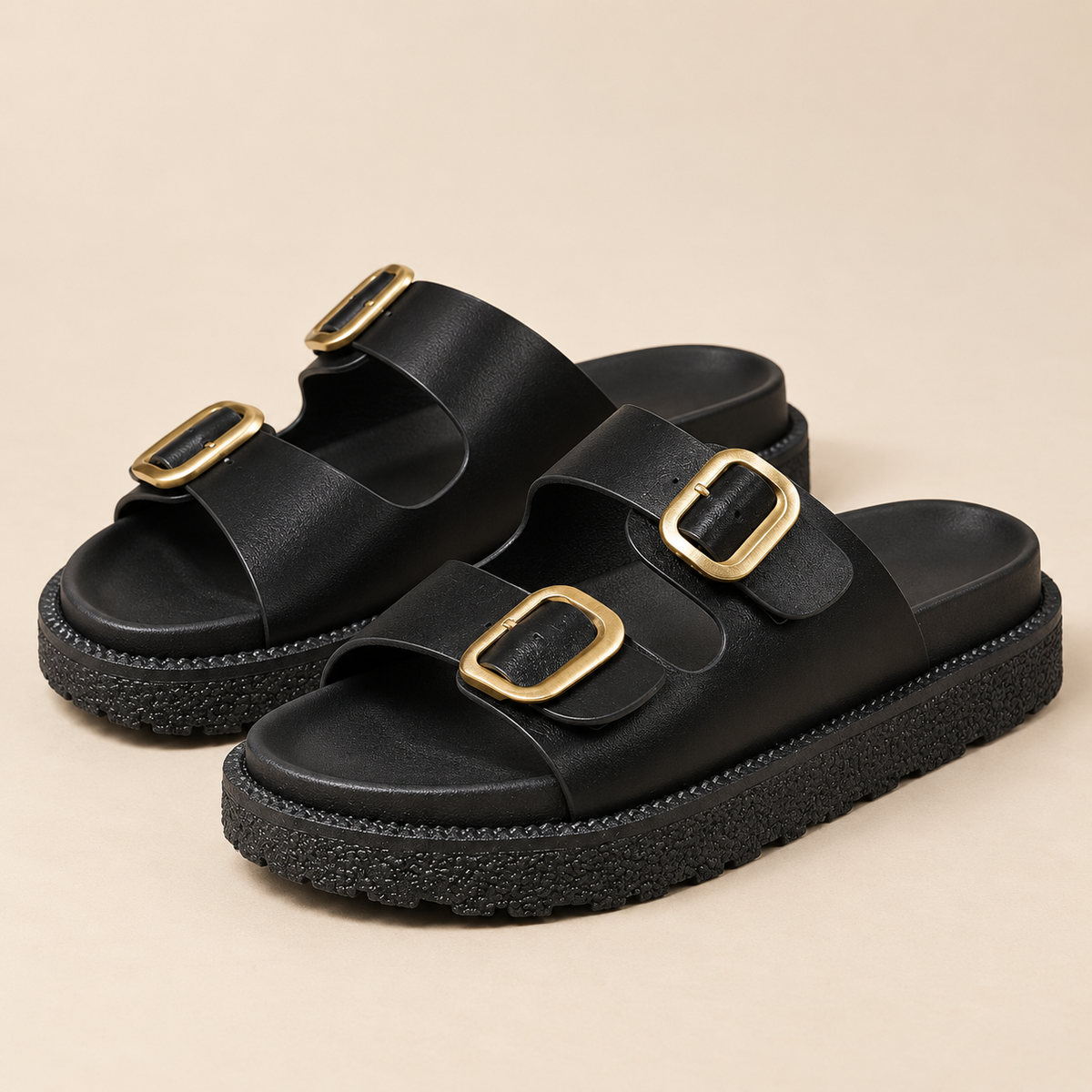 AuraX Double Buckle Slide Sandals — Black studio product image