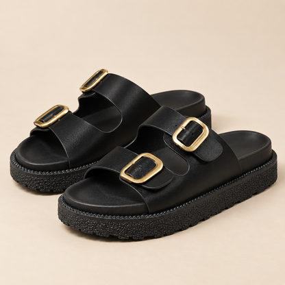 AuraX Double Buckle Slide Sandals — Black studio product image