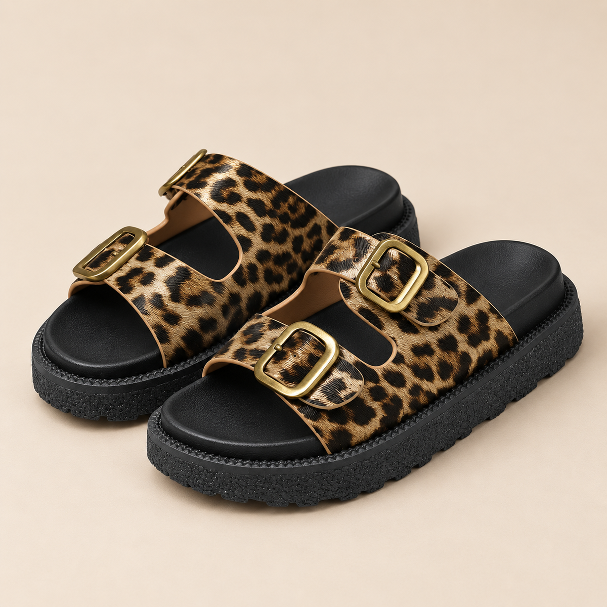 AuraX Double Buckle Slide Sandals — Leopard studio product image