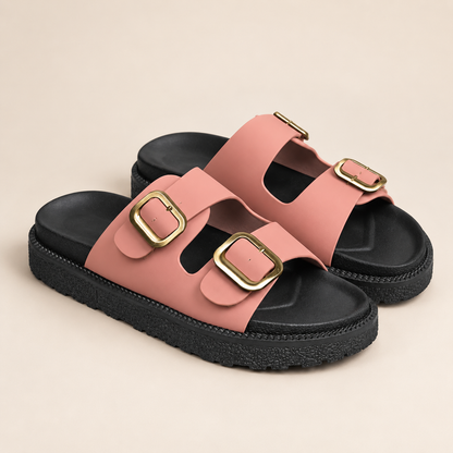 AuraX Double Buckle Slide Sandals — Pink studio product image