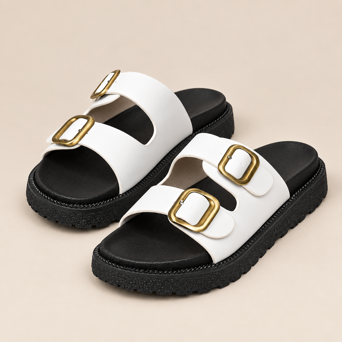 AuraX Double Buckle Slide Sandals — White studio product image