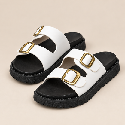 AuraX Double Buckle Slide Sandals — White studio product image