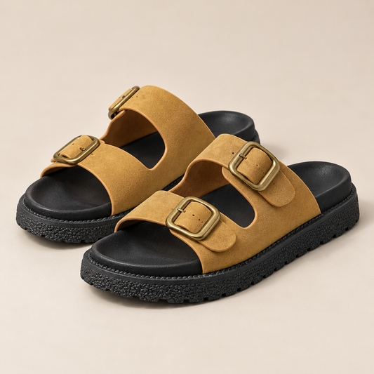 AuraX Double Buckle Slide Sandals — Yellow studio product image