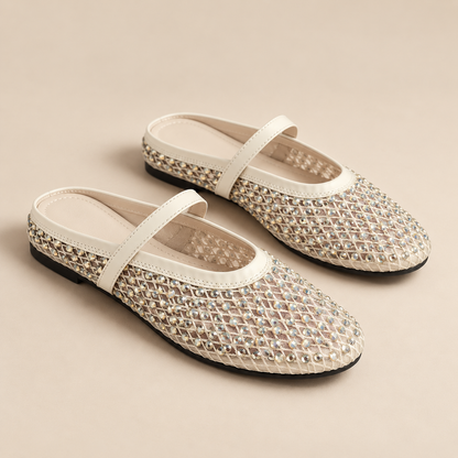 AuraX Sparkling Mesh Ballet Flats Sandals — Cream White studio product image