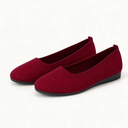 AuraX Round Toe Knit Ballet Flats — Burgundy studio product image
