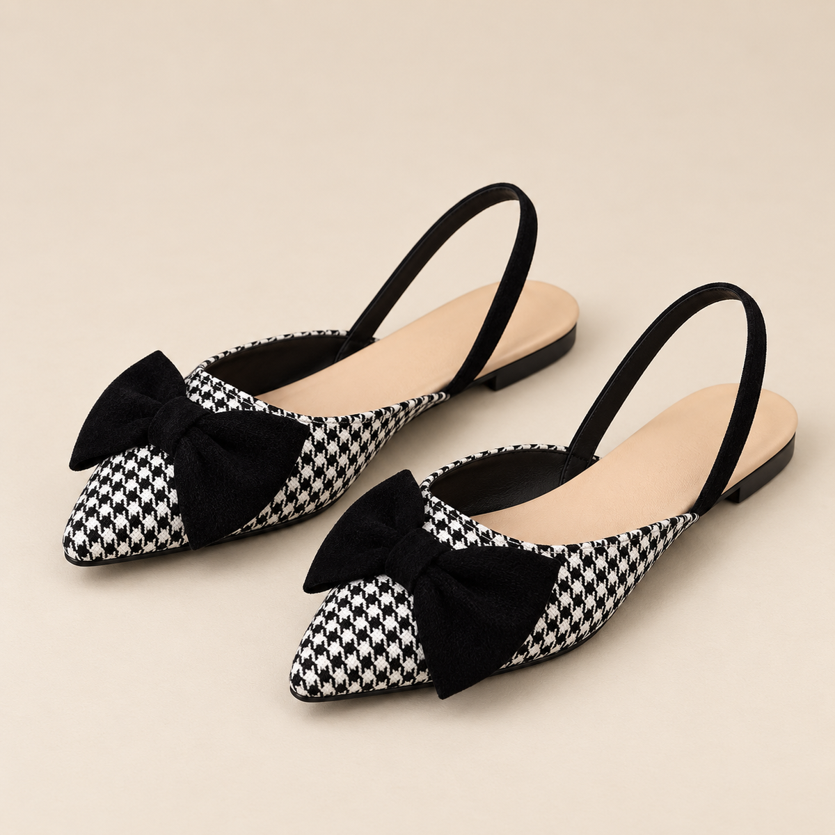 AuraX Bow-Decorated Pointed-Toe Slingback Sandals — Houndstooth studio product image