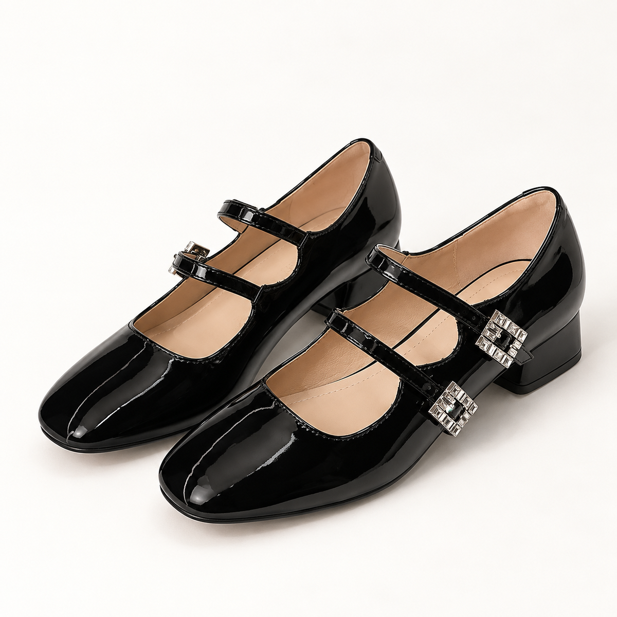 AuraX Block Heel Buckle Mary Jane Shoes — Black studio product image