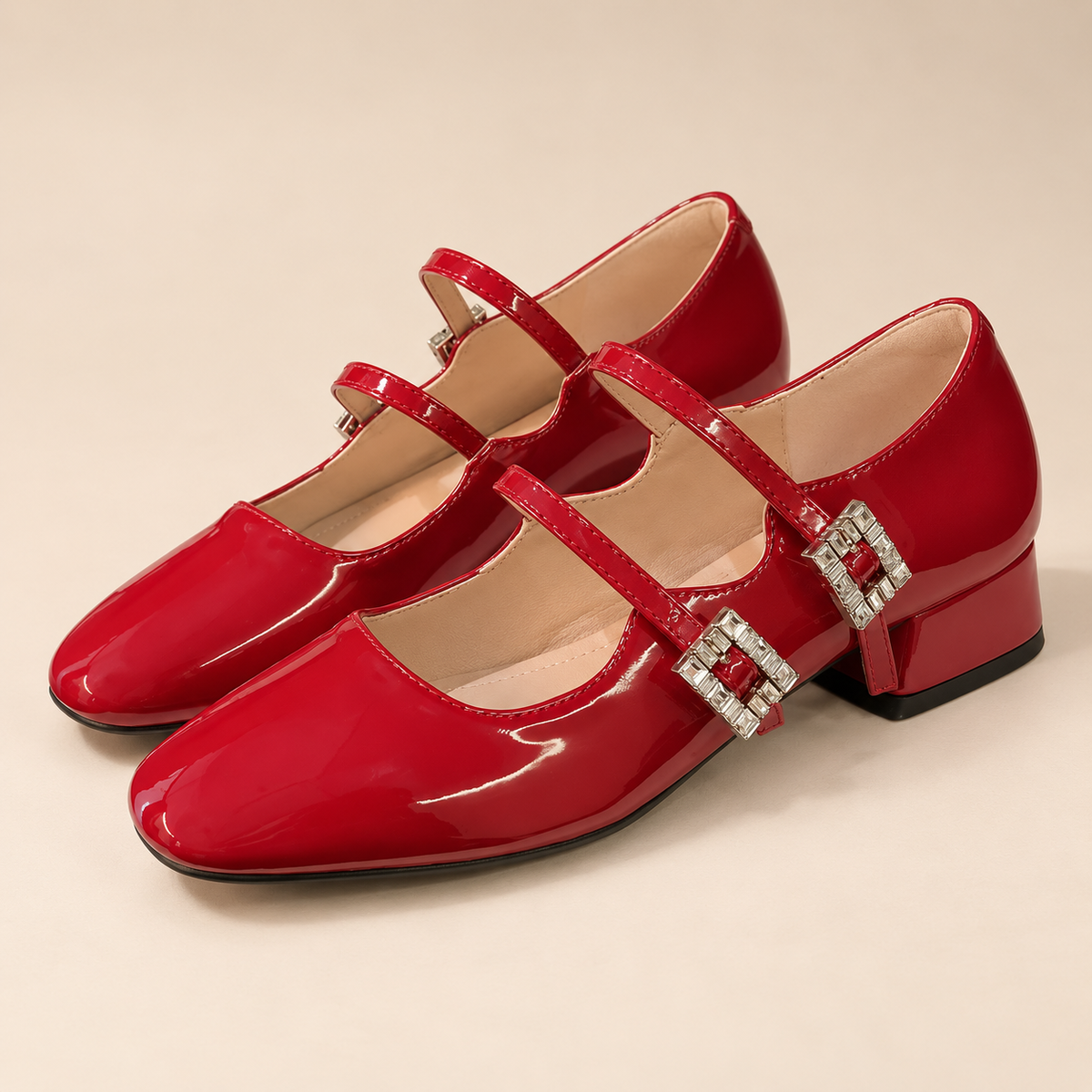 AuraX Block Heel Buckle Mary Jane Shoes — Scarlet studio product image