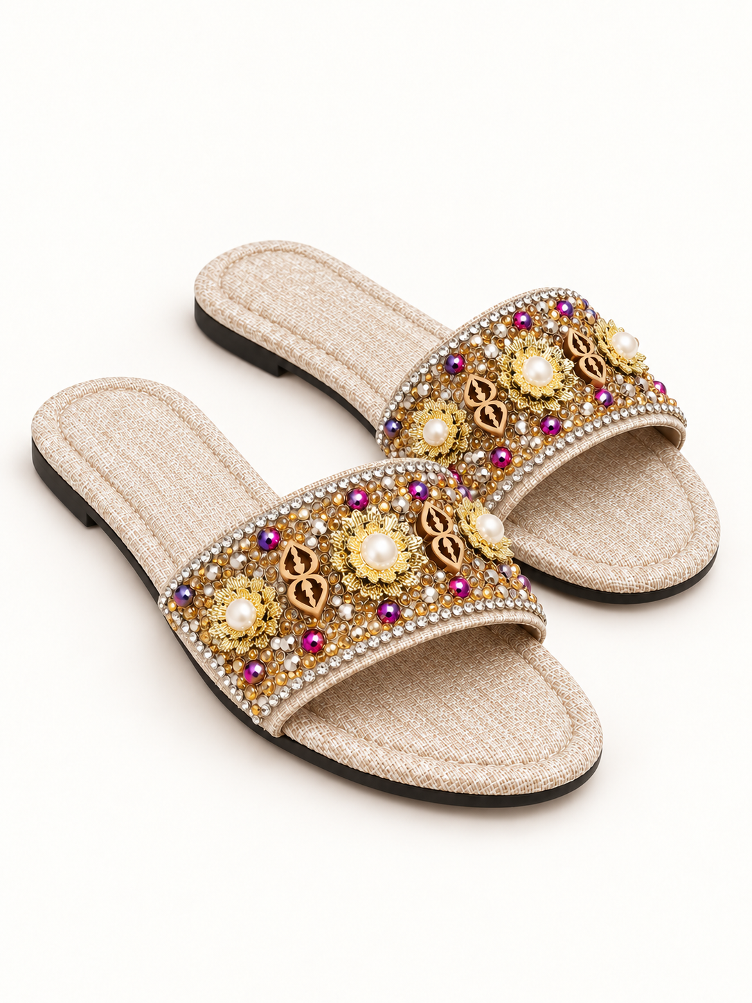AuraX Rhinestone Embellished Flat Slide Slippers — Ivory studio product image