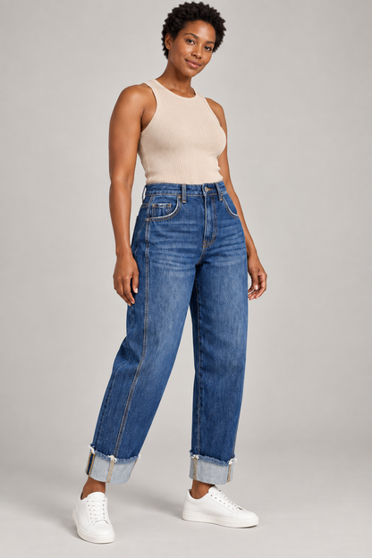 AuraX Women’s Raw-Hem Cuffed Ankle Jeans — Sail Blue — studio