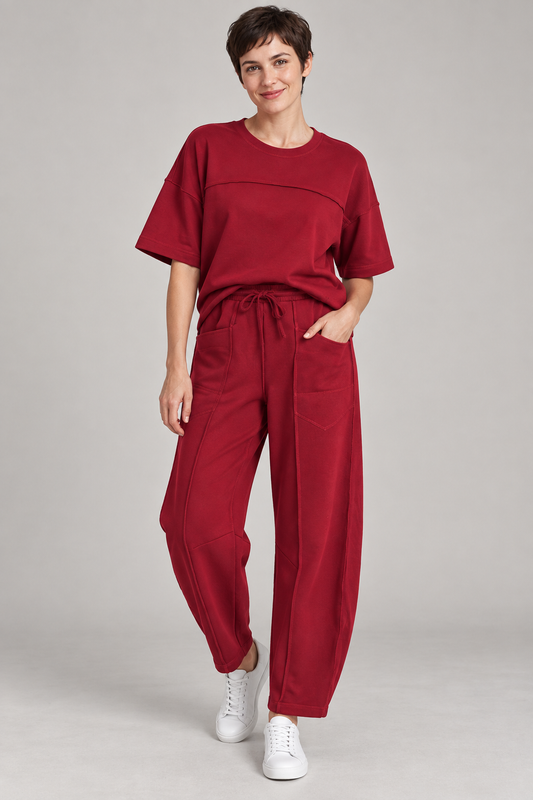 AuraX Women’s Boxy Tee & Barrel-Pants Set — Racing Red — studio