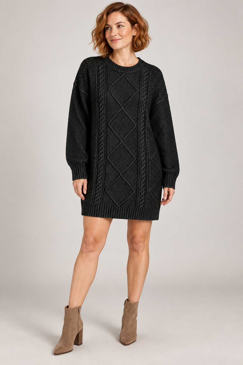 AuraX Women’s Cable-Knit Sweater Dress — Black — studio