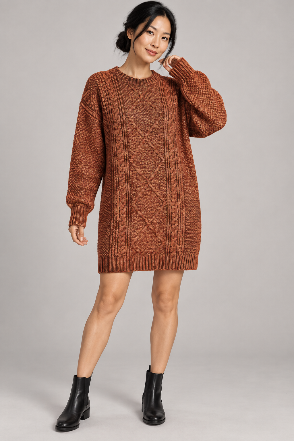 AuraX Women’s Cable-Knit Sweater Dress — Coffee — studio