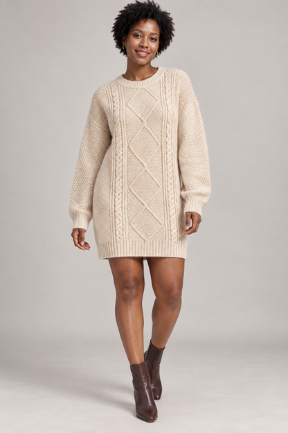 AuraX Women’s Cable-Knit Sweater Dress — Oatmeal — studio