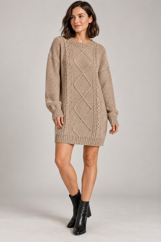 AuraX Women’s Cable-Knit Sweater Dress — Parchment — studio