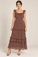 Woman wearing Coffee Polka Dot polka-dot ruffle-strap maxi dress in a studio.