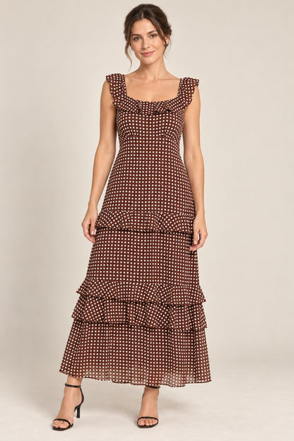 Woman wearing Coffee Polka Dot polka-dot ruffle-strap maxi dress in a studio.