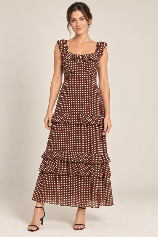 Woman wearing Coffee Polka Dot polka-dot ruffle-strap maxi dress in a studio.