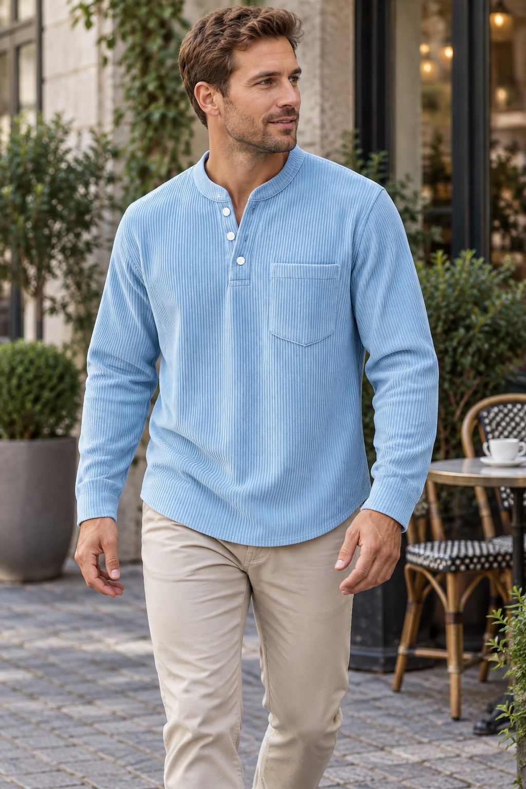Men's corduroy Henley long-sleeve shirt, supplier variant Light Blue, worn by an adult model in a casual outdoor setting.