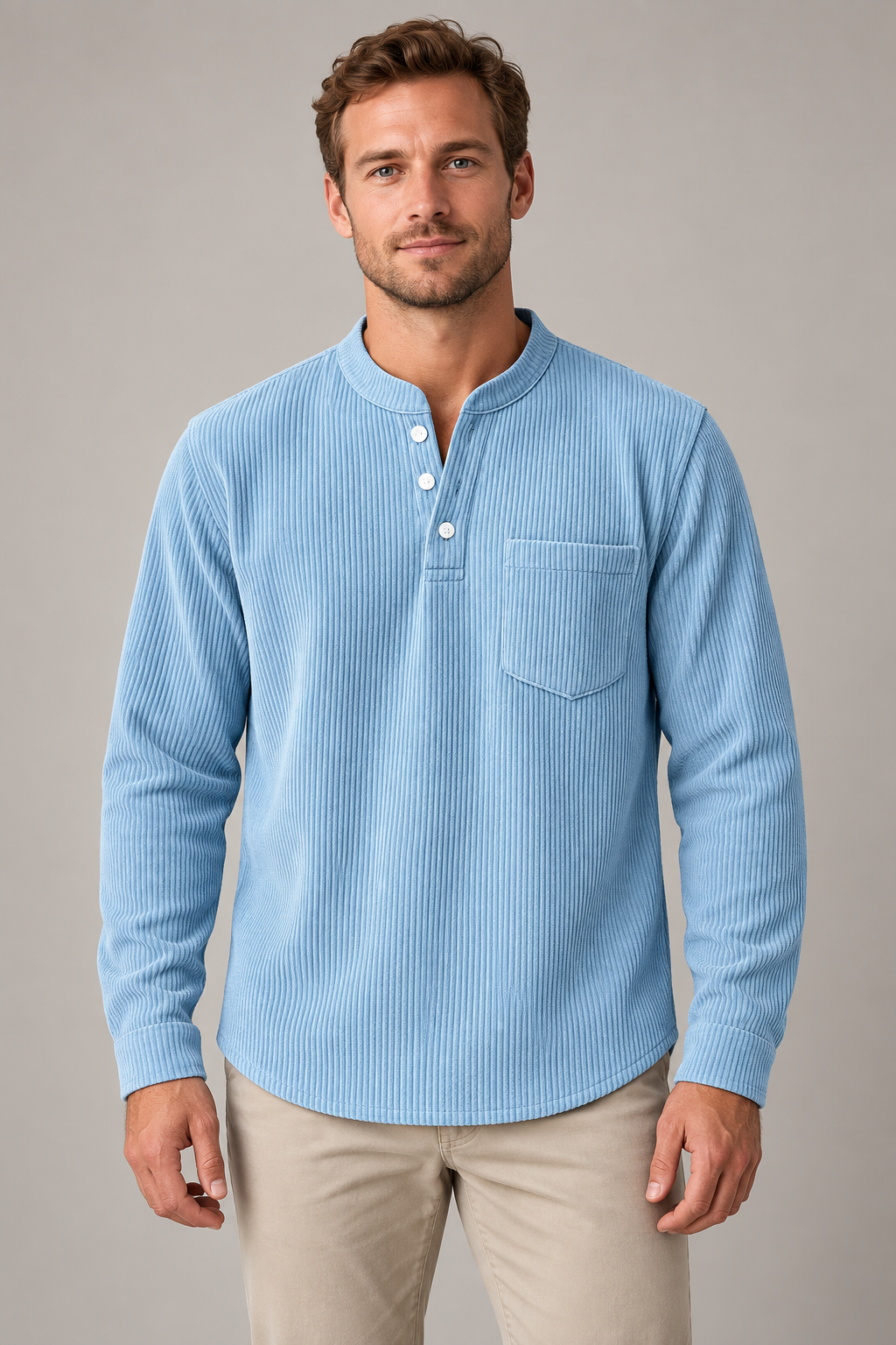 Men's corduroy Henley long-sleeve shirt, supplier variant POLO3AA005, worn by an adult model in a studio front view.