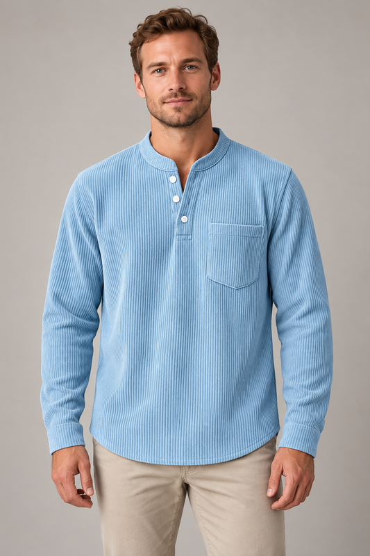 Men's corduroy Henley long-sleeve shirt, supplier variant POLO3AA005, worn by an adult model in a studio front view.