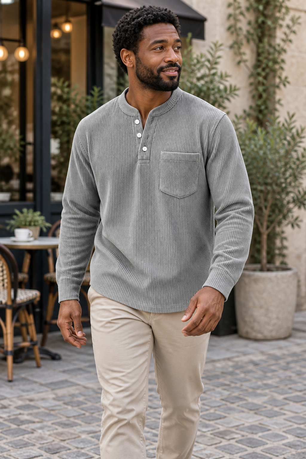 Men's corduroy Henley long-sleeve shirt, supplier variant Gray, worn by an adult model in a casual outdoor setting.