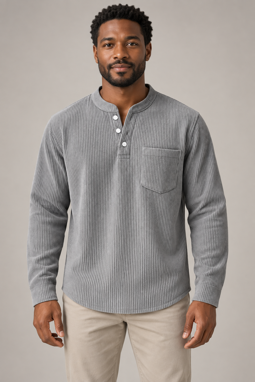 Men's corduroy Henley long-sleeve shirt, supplier variant Gray, worn by an adult model in a studio front view.