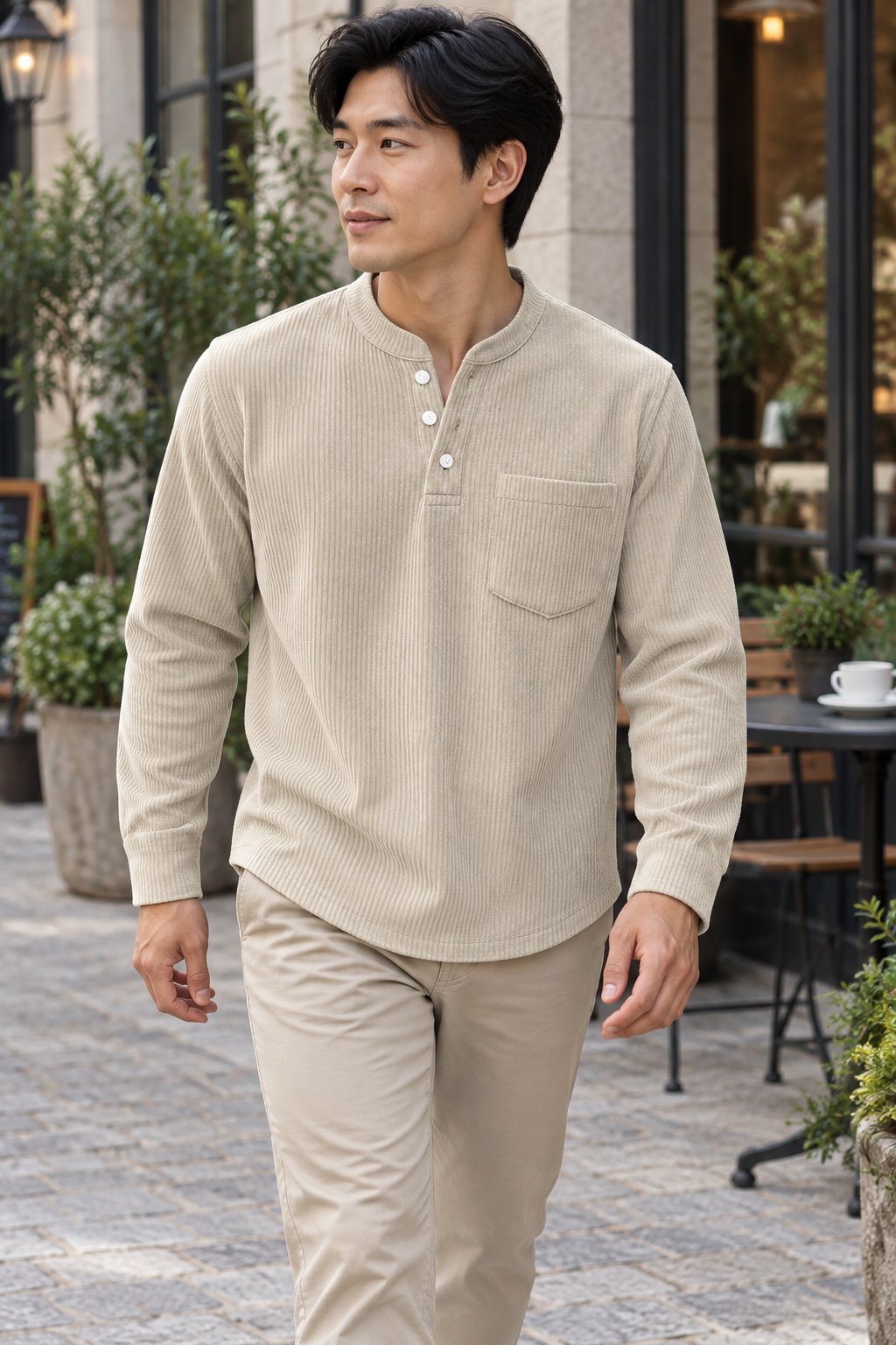 Men's corduroy Henley long-sleeve shirt, supplier variant Beige, worn by an adult model in a casual outdoor setting.