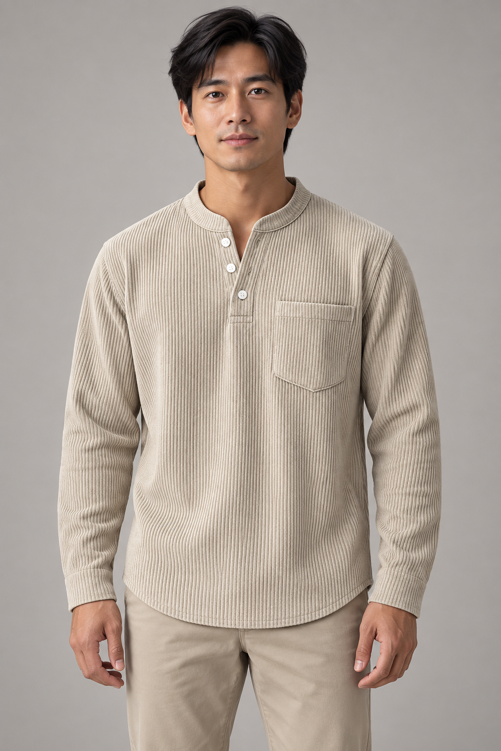 Men's corduroy Henley long-sleeve shirt, supplier variant Beige, worn by an adult model in a studio front view.