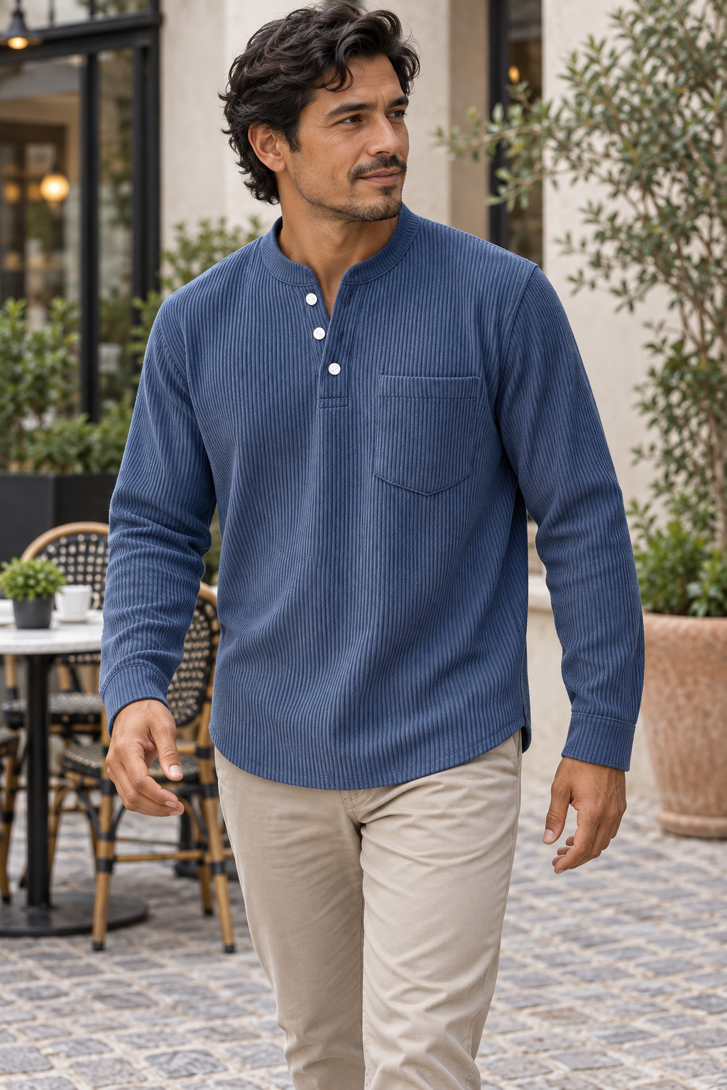 Men's corduroy Henley long-sleeve shirt, supplier variant Navy Blue, worn by an adult model in a casual outdoor setting.