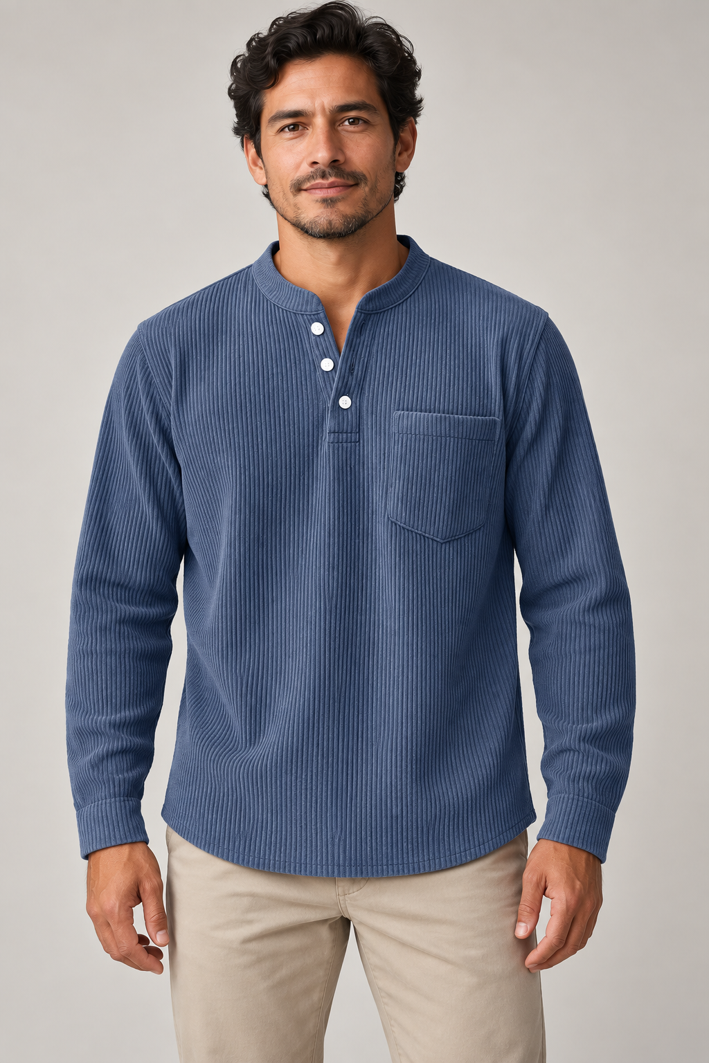 Men's corduroy Henley long-sleeve shirt, supplier variant Navy Blue, worn by an adult model in a studio front view.