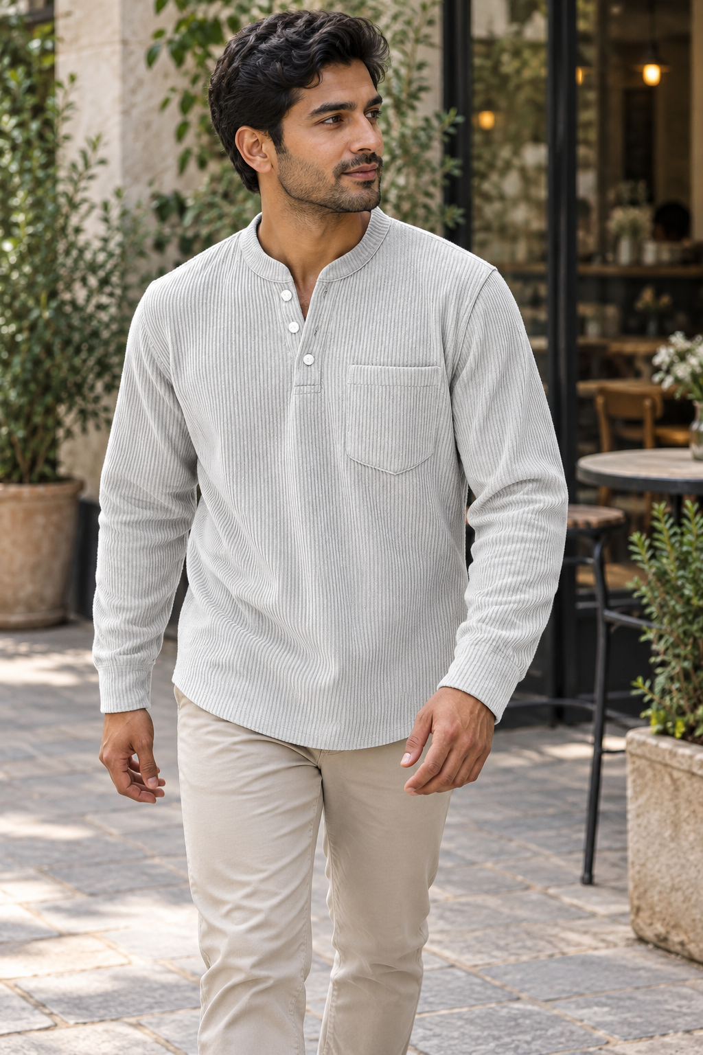Men's corduroy Henley long-sleeve shirt, supplier variant Light Gray, worn by an adult model in a casual outdoor setting.