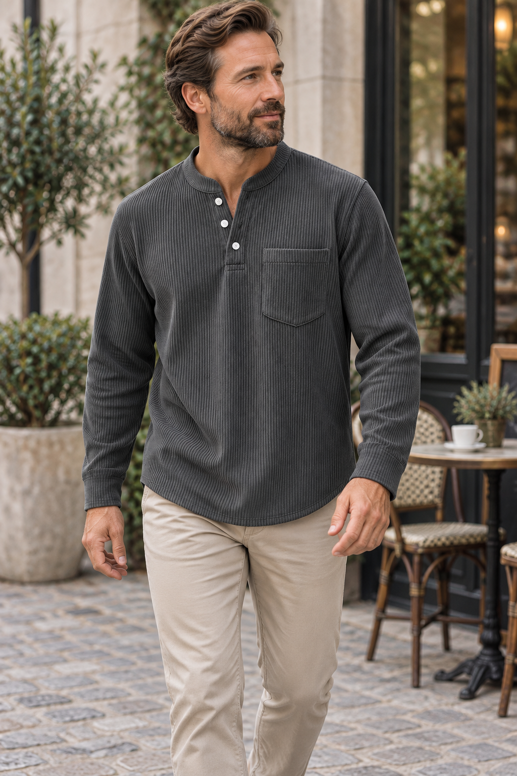 Men's corduroy Henley long-sleeve shirt, supplier variant Charcoal, worn by an adult model in a casual outdoor setting.
