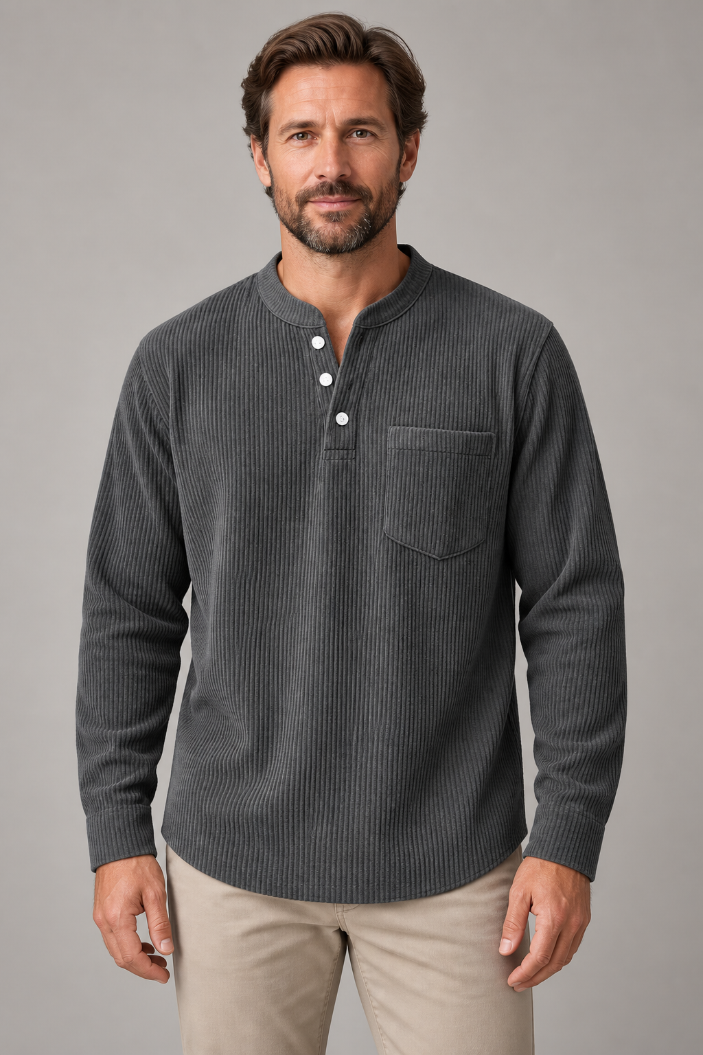 Men's corduroy Henley long-sleeve shirt, supplier variant Charcoal, worn by an adult model in a studio front view.