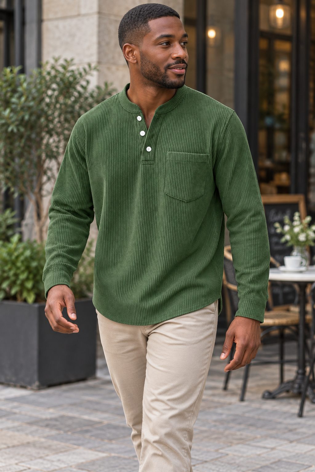 Men's corduroy Henley long-sleeve shirt, supplier variant Forest Green, worn by an adult model in a casual outdoor setting.