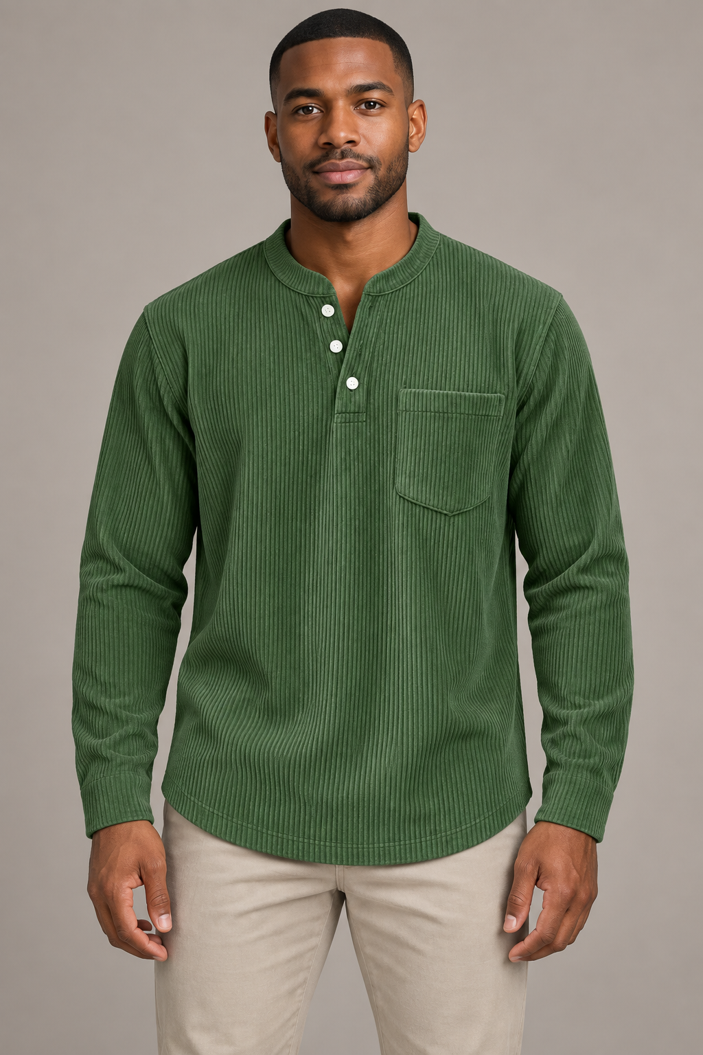 Men's corduroy Henley long-sleeve shirt, supplier variant Forest Green, worn by an adult model in a studio front view.