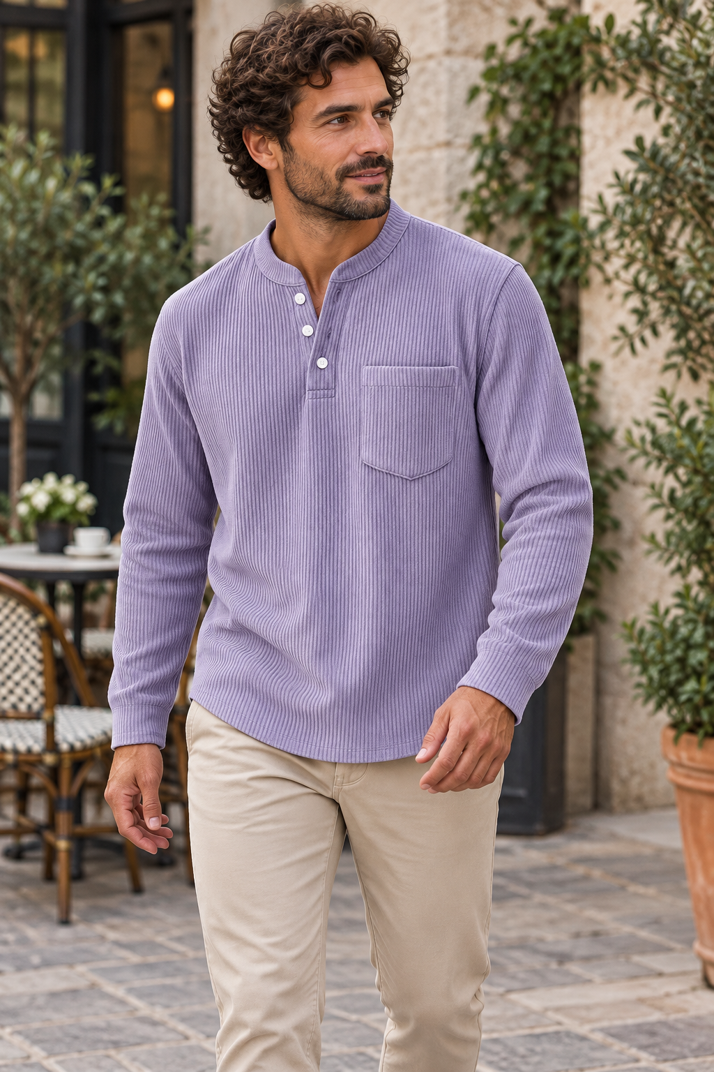Men's corduroy Henley long-sleeve shirt, supplier variant Lavender, worn by an adult model in a casual outdoor setting.