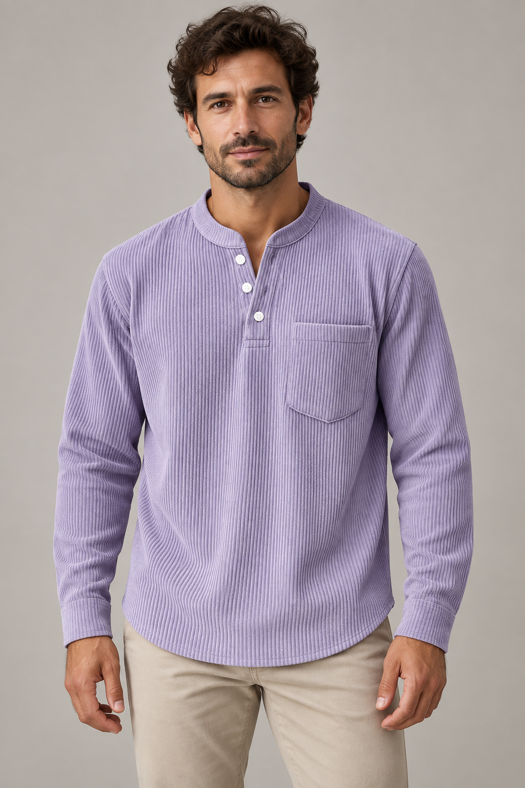 Men's corduroy Henley long-sleeve shirt, supplier variant Lavender, worn by an adult model in a studio front view.