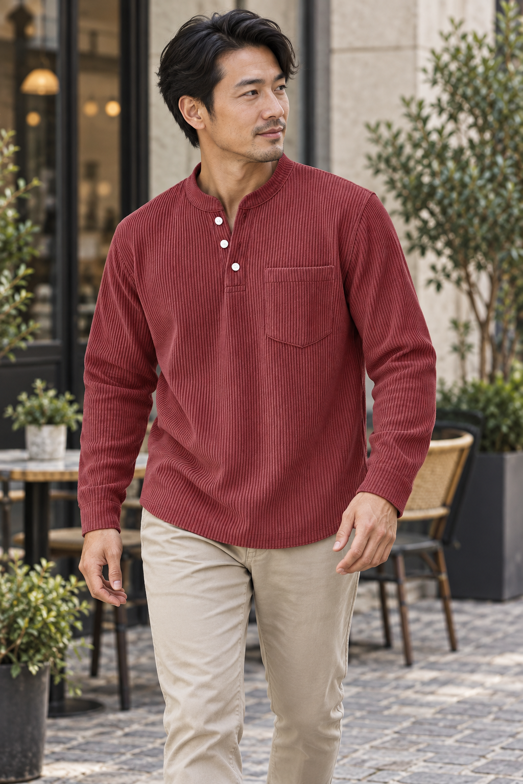 Men's corduroy Henley long-sleeve shirt, supplier variant Burgundy, worn by an adult model in a casual outdoor setting.